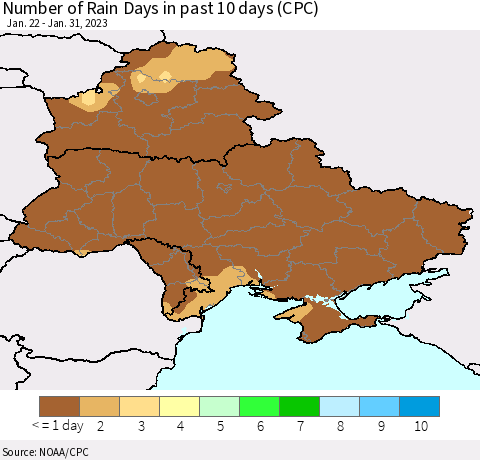 Ukraine, Moldova and Belarus Number of Rain Days in past 10 days (CPC) Thematic Map For 1/26/2023 - 1/31/2023
