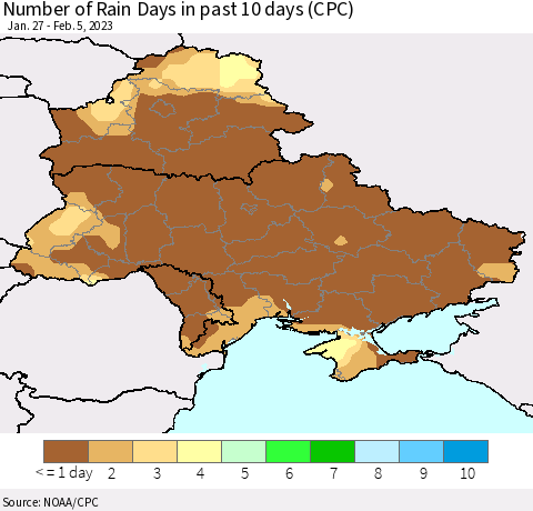 Ukraine, Moldova and Belarus Number of Rain Days in past 10 days (CPC) Thematic Map For 2/1/2023 - 2/5/2023