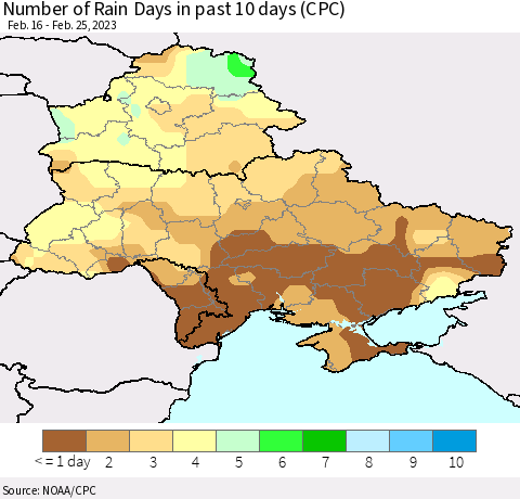 Ukraine, Moldova and Belarus Number of Rain Days in past 10 days (CPC) Thematic Map For 2/21/2023 - 2/25/2023
