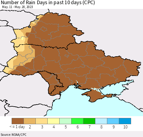 Ukraine, Moldova and Belarus Number of Rain Days in past 10 days (CPC) Thematic Map For 5/16/2023 - 5/20/2023
