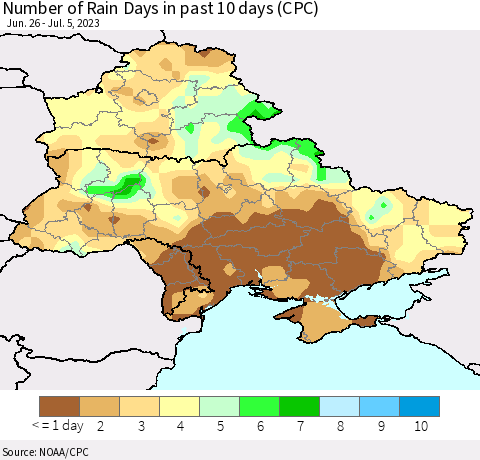 Ukraine, Moldova and Belarus Number of Rain Days in past 10 days (CPC) Thematic Map For 7/1/2023 - 7/5/2023