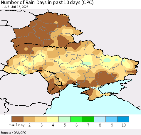 Ukraine, Moldova and Belarus Number of Rain Days in past 10 days (CPC) Thematic Map For 7/11/2023 - 7/15/2023