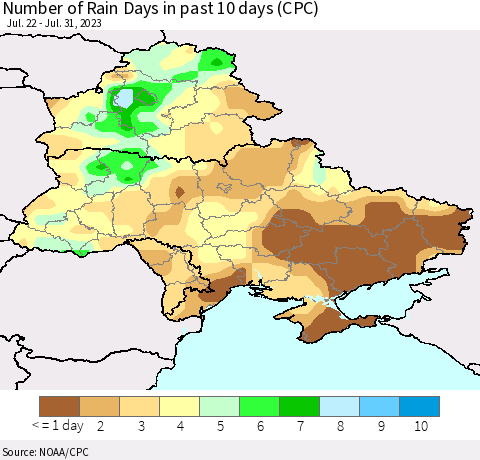 Ukraine, Moldova and Belarus Number of Rain Days in past 10 days (CPC) Thematic Map For 7/26/2023 - 7/31/2023