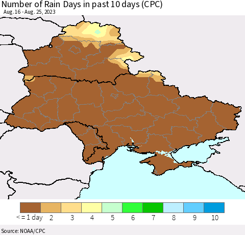 Ukraine, Moldova and Belarus Number of Rain Days in past 10 days (CPC) Thematic Map For 8/21/2023 - 8/25/2023