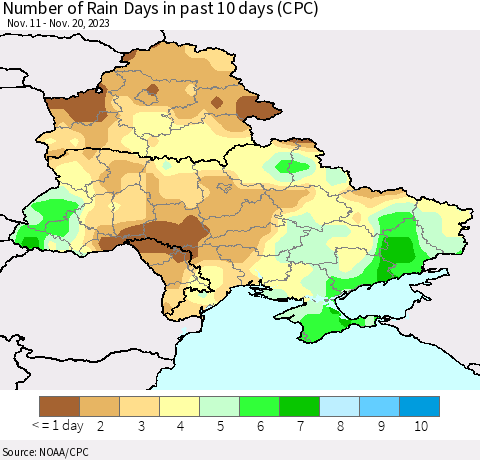 Ukraine, Moldova and Belarus Number of Rain Days in past 10 days (CPC) Thematic Map For 11/16/2023 - 11/20/2023