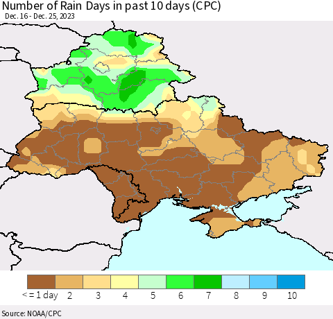 Ukraine, Moldova and Belarus Number of Rain Days in past 10 days (CPC) Thematic Map For 12/21/2023 - 12/25/2023