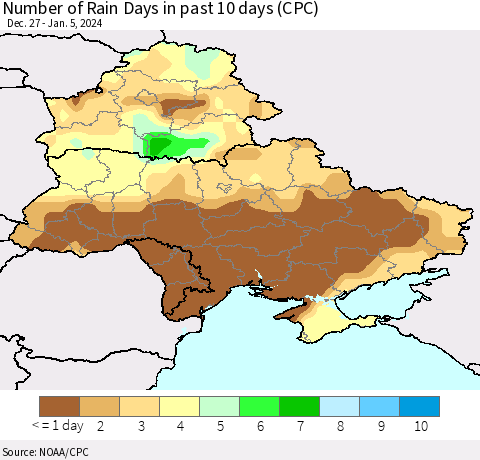Ukraine, Moldova and Belarus Number of Rain Days in past 10 days (CPC) Thematic Map For 1/1/2024 - 1/5/2024