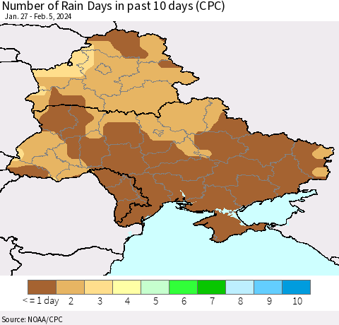 Ukraine, Moldova and Belarus Number of Rain Days in past 10 days (CPC) Thematic Map For 2/1/2024 - 2/5/2024