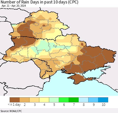 Ukraine, Moldova and Belarus Number of Rain Days in past 10 days (CPC) Thematic Map For 4/16/2024 - 4/20/2024