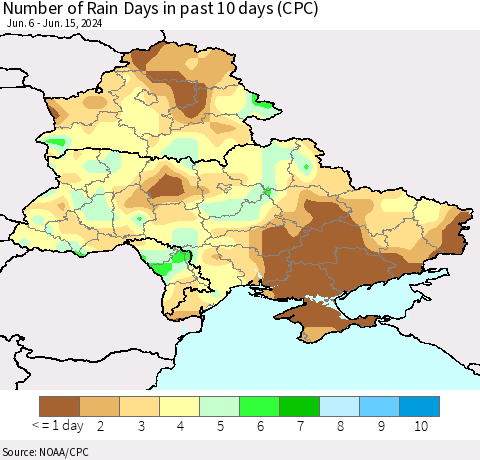 Ukraine, Moldova and Belarus Number of Rain Days in past 10 days (CPC) Thematic Map For 6/11/2024 - 6/15/2024