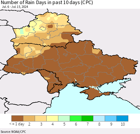 Ukraine, Moldova and Belarus Number of Rain Days in past 10 days (CPC) Thematic Map For 7/11/2024 - 7/15/2024
