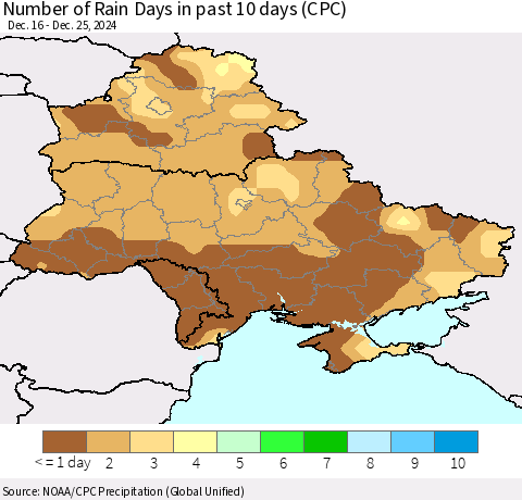 Ukraine, Moldova and Belarus Number of Rain Days in past 10 days (CPC) Thematic Map For 12/21/2024 - 12/25/2024