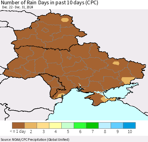 Ukraine, Moldova and Belarus Number of Rain Days in past 10 days (CPC) Thematic Map For 12/26/2024 - 12/31/2024