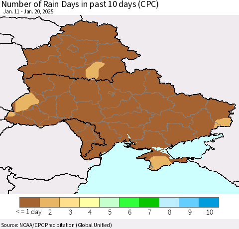 Ukraine, Moldova and Belarus Number of Rain Days in past 10 days (CPC) Thematic Map For 1/16/2025 - 1/20/2025