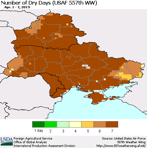 Ukraine, Moldova and Belarus Number of Dry Days (USAF 557th WW) Thematic Map For 4/1/2019 - 4/7/2019