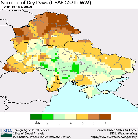 Ukraine, Moldova and Belarus Number of Dry Days (USAF 557th WW) Thematic Map For 4/15/2019 - 4/21/2019