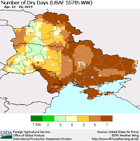 Ukraine, Moldova and Belarus Number of Dry Days (USAF 557th WW) Thematic Map For 4/22/2019 - 4/28/2019