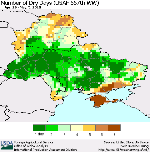 Ukraine, Moldova and Belarus Number of Dry Days (USAF 557th WW) Thematic Map For 4/29/2019 - 5/5/2019