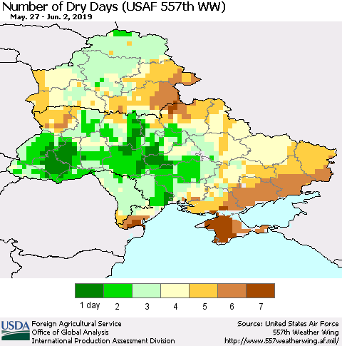 Ukraine, Moldova and Belarus Number of Dry Days (USAF 557th WW) Thematic Map For 5/27/2019 - 6/2/2019