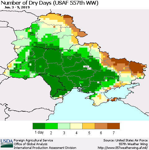 Ukraine, Moldova and Belarus Number of Dry Days (USAF 557th WW) Thematic Map For 6/3/2019 - 6/9/2019