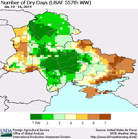 Ukraine, Moldova and Belarus Number of Dry Days (USAF 557th WW) Thematic Map For 6/10/2019 - 6/16/2019