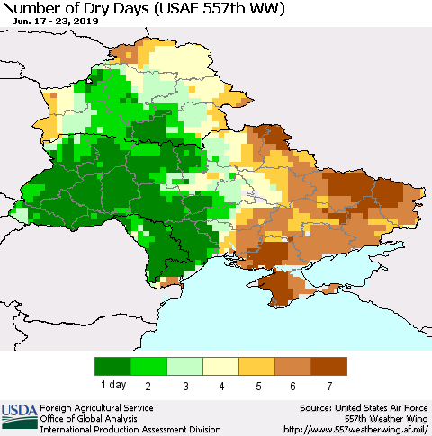 Ukraine, Moldova and Belarus Number of Dry Days (USAF 557th WW) Thematic Map For 6/17/2019 - 6/23/2019