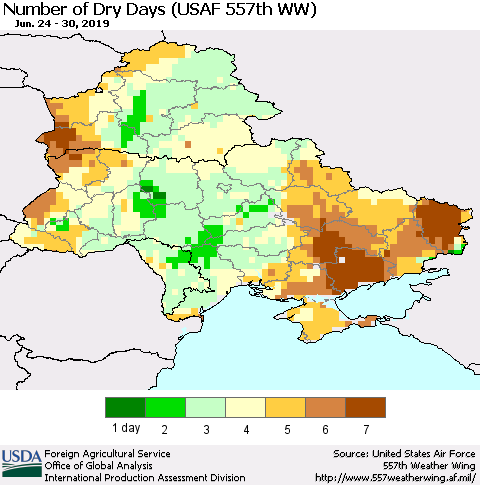 Ukraine, Moldova and Belarus Number of Dry Days (USAF 557th WW) Thematic Map For 6/24/2019 - 6/30/2019
