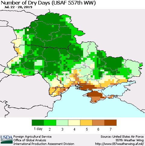 Ukraine, Moldova and Belarus Number of Dry Days (USAF 557th WW) Thematic Map For 7/22/2019 - 7/28/2019