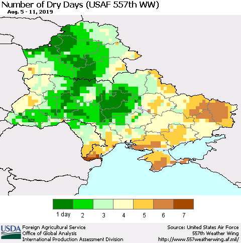Ukraine, Moldova and Belarus Number of Dry Days (USAF 557th WW) Thematic Map For 8/5/2019 - 8/11/2019