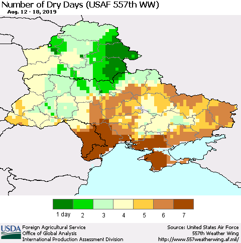 Ukraine, Moldova and Belarus Number of Dry Days (USAF 557th WW) Thematic Map For 8/12/2019 - 8/18/2019