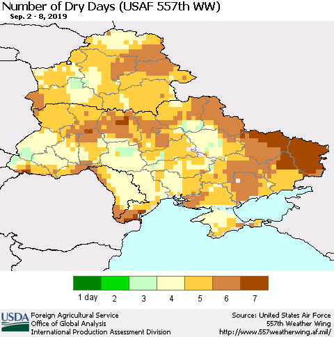 Ukraine, Moldova and Belarus Number of Dry Days (USAF 557th WW) Thematic Map For 9/2/2019 - 9/8/2019