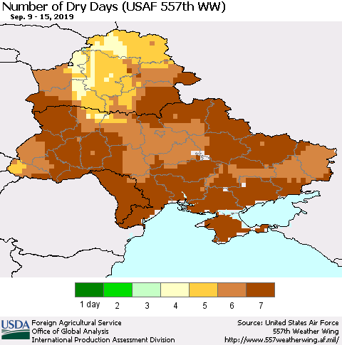 Ukraine, Moldova and Belarus Number of Dry Days (USAF 557th WW) Thematic Map For 9/9/2019 - 9/15/2019