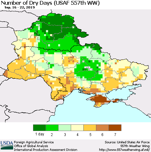 Ukraine, Moldova and Belarus Number of Dry Days (USAF 557th WW) Thematic Map For 9/16/2019 - 9/22/2019