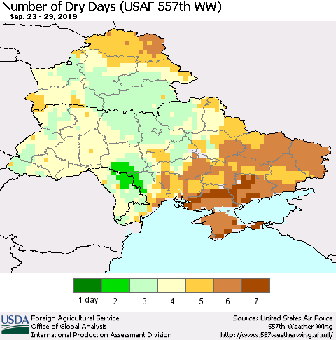 Ukraine, Moldova and Belarus Number of Dry Days (USAF 557th WW) Thematic Map For 9/23/2019 - 9/29/2019