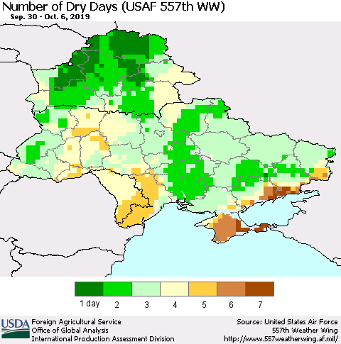 Ukraine, Moldova and Belarus Number of Dry Days (USAF 557th WW) Thematic Map For 9/30/2019 - 10/6/2019