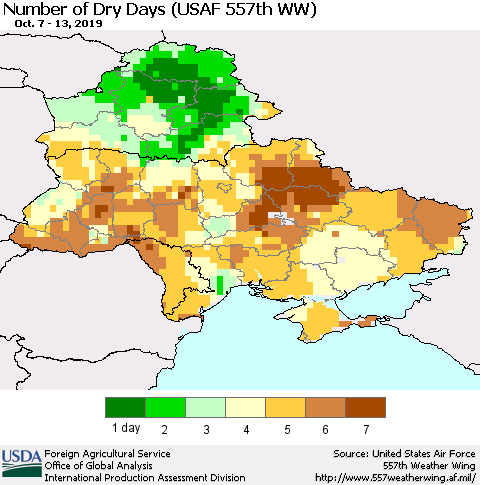 Ukraine, Moldova and Belarus Number of Dry Days (USAF 557th WW) Thematic Map For 10/7/2019 - 10/13/2019