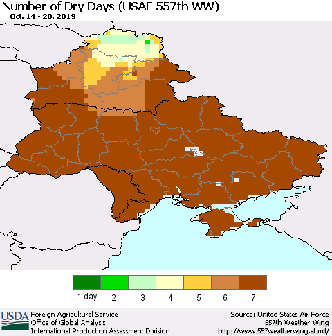 Ukraine, Moldova and Belarus Number of Dry Days (USAF 557th WW) Thematic Map For 10/14/2019 - 10/20/2019