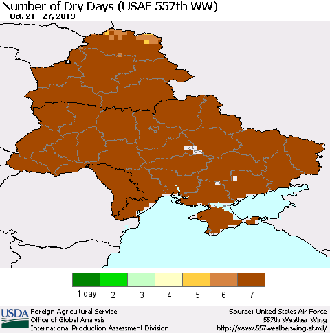Ukraine, Moldova and Belarus Number of Dry Days (USAF 557th WW) Thematic Map For 10/21/2019 - 10/27/2019