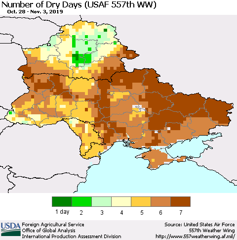 Ukraine, Moldova and Belarus Number of Dry Days (USAF 557th WW) Thematic Map For 10/28/2019 - 11/3/2019