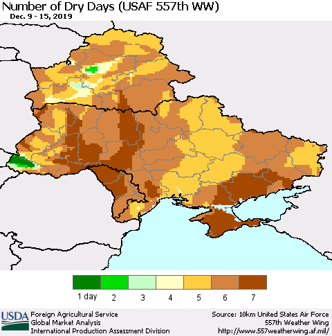 Ukraine, Moldova and Belarus Number of Dry Days (USAF 557th WW) Thematic Map For 12/9/2019 - 12/15/2019