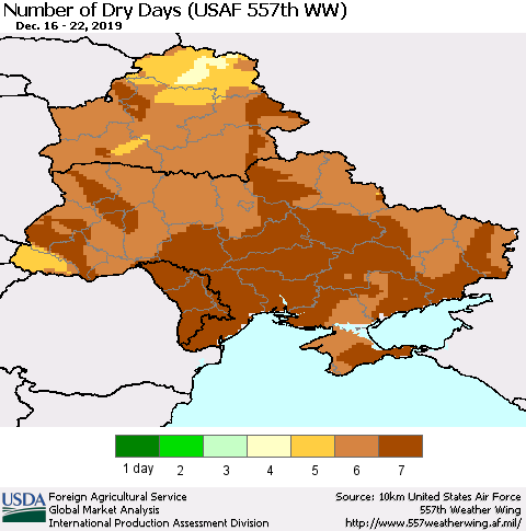 Ukraine, Moldova and Belarus Number of Dry Days (USAF 557th WW) Thematic Map For 12/16/2019 - 12/22/2019