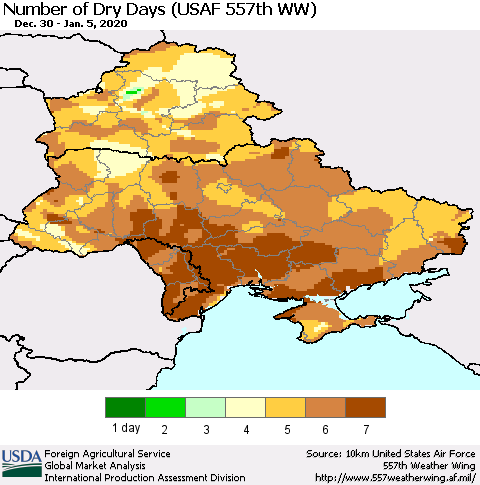 Ukraine, Moldova and Belarus Number of Dry Days (USAF 557th WW) Thematic Map For 12/30/2019 - 1/5/2020