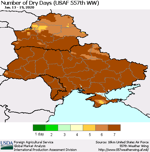 Ukraine, Moldova and Belarus Number of Dry Days (USAF 557th WW) Thematic Map For 1/13/2020 - 1/19/2020