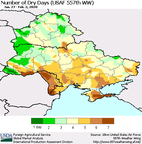 Ukraine, Moldova and Belarus Number of Dry Days (USAF 557th WW) Thematic Map For 1/27/2020 - 2/2/2020