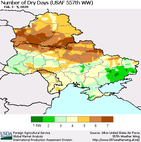 Ukraine, Moldova and Belarus Number of Dry Days (USAF 557th WW) Thematic Map For 2/3/2020 - 2/9/2020