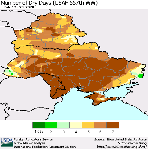 Ukraine, Moldova and Belarus Number of Dry Days (USAF 557th WW) Thematic Map For 2/17/2020 - 2/23/2020