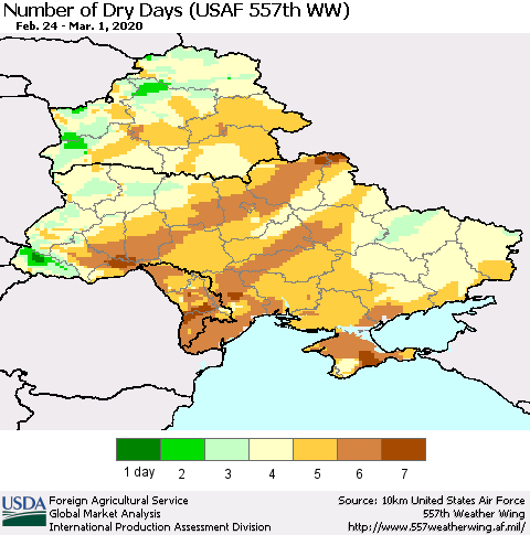 Ukraine, Moldova and Belarus Number of Dry Days (USAF 557th WW) Thematic Map For 2/24/2020 - 3/1/2020