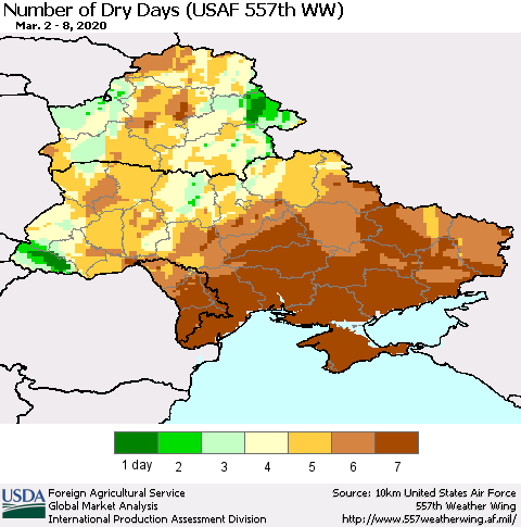 Ukraine, Moldova and Belarus Number of Dry Days (USAF 557th WW) Thematic Map For 3/2/2020 - 3/8/2020