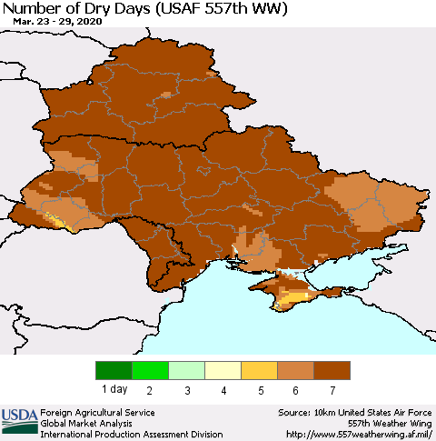 Ukraine, Moldova and Belarus Number of Dry Days (USAF 557th WW) Thematic Map For 3/23/2020 - 3/29/2020