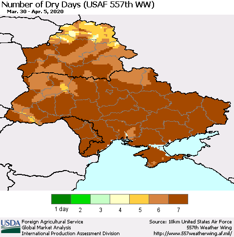 Ukraine, Moldova and Belarus Number of Dry Days (USAF 557th WW) Thematic Map For 3/30/2020 - 4/5/2020